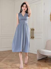 DAZY Solid Surplice Neck Criss Cross Back Dress - Blue - View 8