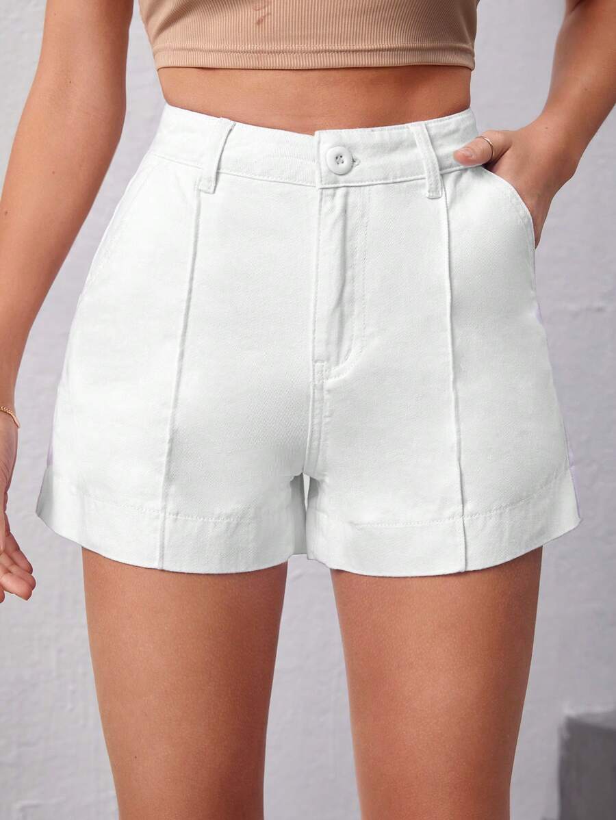 SHEIN Essnce Shorts en mezclilla unicolor con bolsillo oblicuo - Blanco - Ver 1