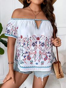SHEIN Holidaya Blusa con estampado floral de hombros descubiertos con abertura delantera - Blanco - Ver 1