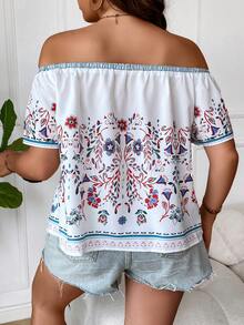 SHEIN Holidaya Blusa con estampado floral de hombros descubiertos con abertura delantera - Blanco - Ver 2