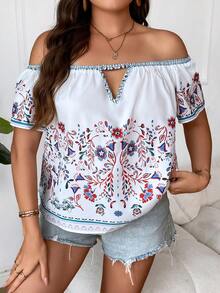 SHEIN Holidaya Blusa con estampado floral de hombros descubiertos con abertura delantera - Blanco - Ver 3