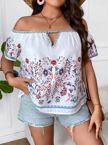 SHEIN Holidaya Blusa con estampado floral de hombros descubiertos con abertura delantera - Blanco - Ver 4