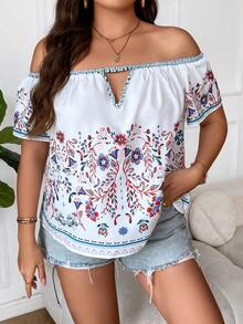 SHEIN Holidaya Blusa con estampado floral de hombros descubiertos con abertura delantera - Blanco - Ver 5