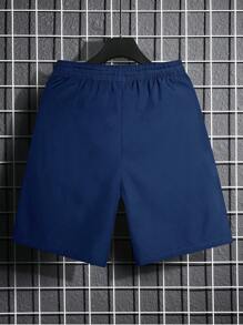 Manfinity Homme 男士休闲日常穿搭，非常适合外出度假，INS风高性价比宽松休闲短裤蓝色字母贴布设计抽绳腰短裤。 - 藏蓝色 - 查看 2