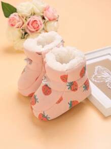 Bebé niñas Botas de nieve con estampado de fresa con forro térmico de tela con diseño de cordón dulce para invierno - Rosa - Ver 1