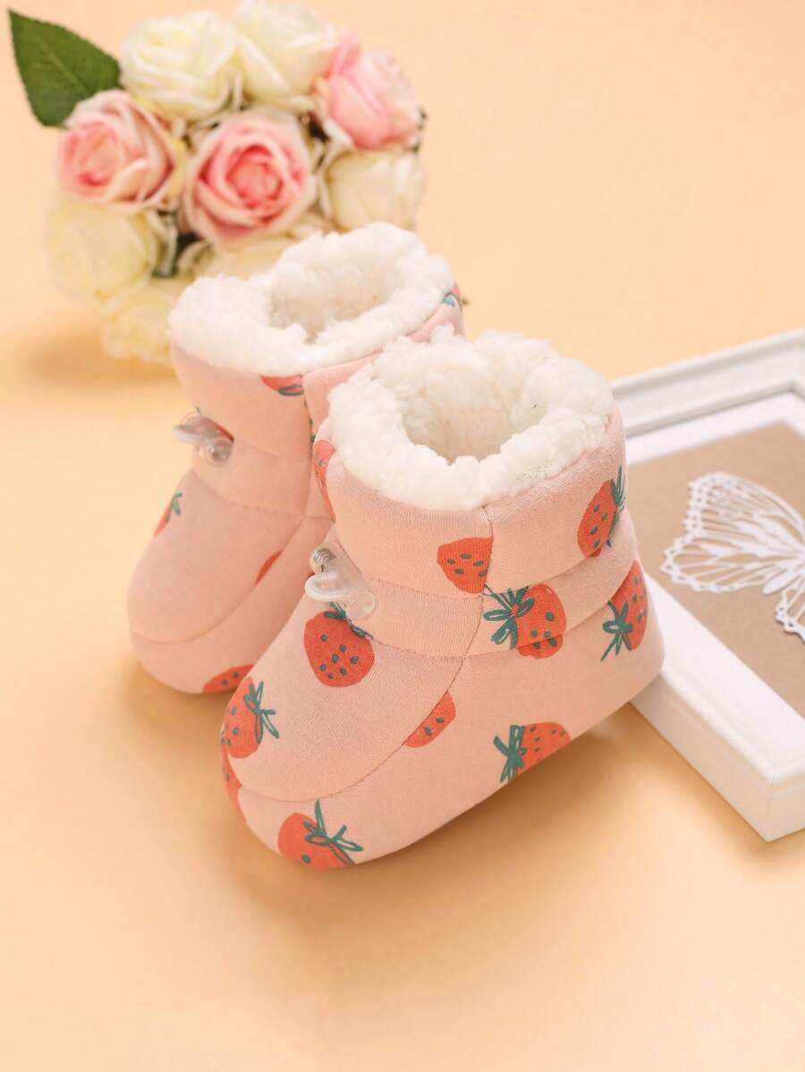 Bebé niñas Botas de nieve con estampado de fresa con forro térmico de tela con diseño de cordón dulce para invierno - Rosa - Ver 1