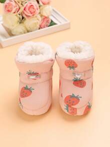 Bebé niñas Botas de nieve con estampado de fresa con forro térmico de tela con diseño de cordón dulce para invierno - Rosa - Ver 3