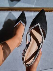 CUCCOO CHICEST Zapatos de mujer de punta estrecha con decoración de pedrería y correa trasera, zapatos planos negros para exteriores livianos para primavera y verano, elegantes y en oferta para las vacaciones de verano. - Negro - Ver 5