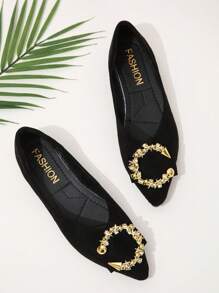 Mujer Bailarinas negro de serraje falso con diseño metal de punta - Negro - Ver 1