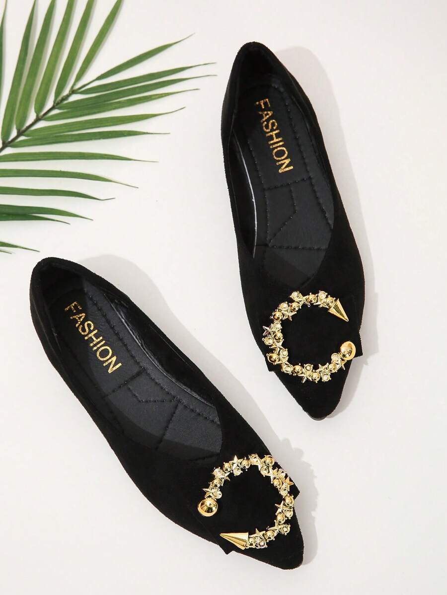 Mujer Bailarinas negro de serraje falso con diseño metal de punta - Negro - Ver 1