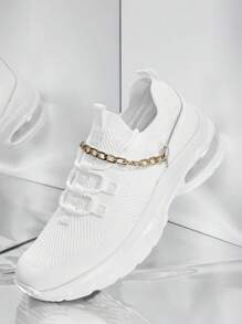 CUCCOO BASICS Chain Decor Lace Up Decor Knit Sneakers - White - View 1