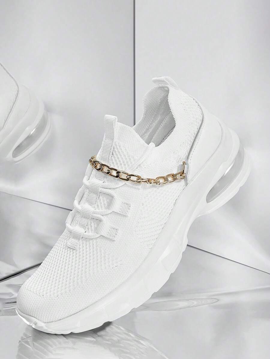CUCCOO BASICS Chain Decor Lace Up Decor Knit Sneakers - White - View 1