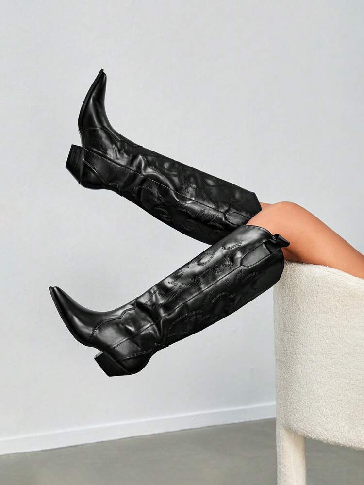 Women Shoes Stitch Detail Elegant Pointed Toe Heeled Western Black Knee High Boots Vacation Shoes Summer Boho Feels Vintage Cottagecore Frenchy Shoes Witch Spring Shoes Spring Break Easter