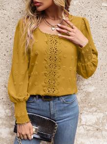 SHEIN LUNE Swiss Dot Guipure Lace Insert Lantern Sleeve Blouse,Long Sleeve Tops