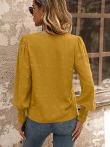 SHEIN LUNE Swiss Dot Guipure Lace Insert Lantern Sleeve Blouse,Long Sleeve Tops
