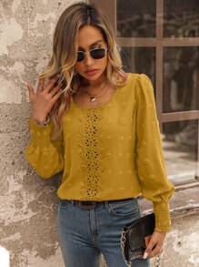 SHEIN LUNE Swiss Dot Guipure Lace Insert Lantern Sleeve Blouse,Long Sleeve Tops