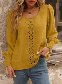 SHEIN LUNE Swiss Dot Guipure Lace Insert Lantern Sleeve Blouse,Long Sleeve Tops