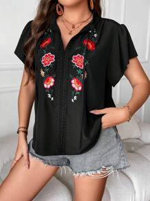 SHEIN Holidaya Áo sơ mi Plus Size Thêu viền lá sen Thắt nơ trước Hoa Boho - màu đen - Xem 3