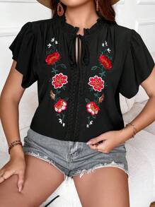 SHEIN Holidaya Áo sơ mi Plus Size Thêu viền lá sen Thắt nơ trước Hoa Boho - màu đen - Xem 5