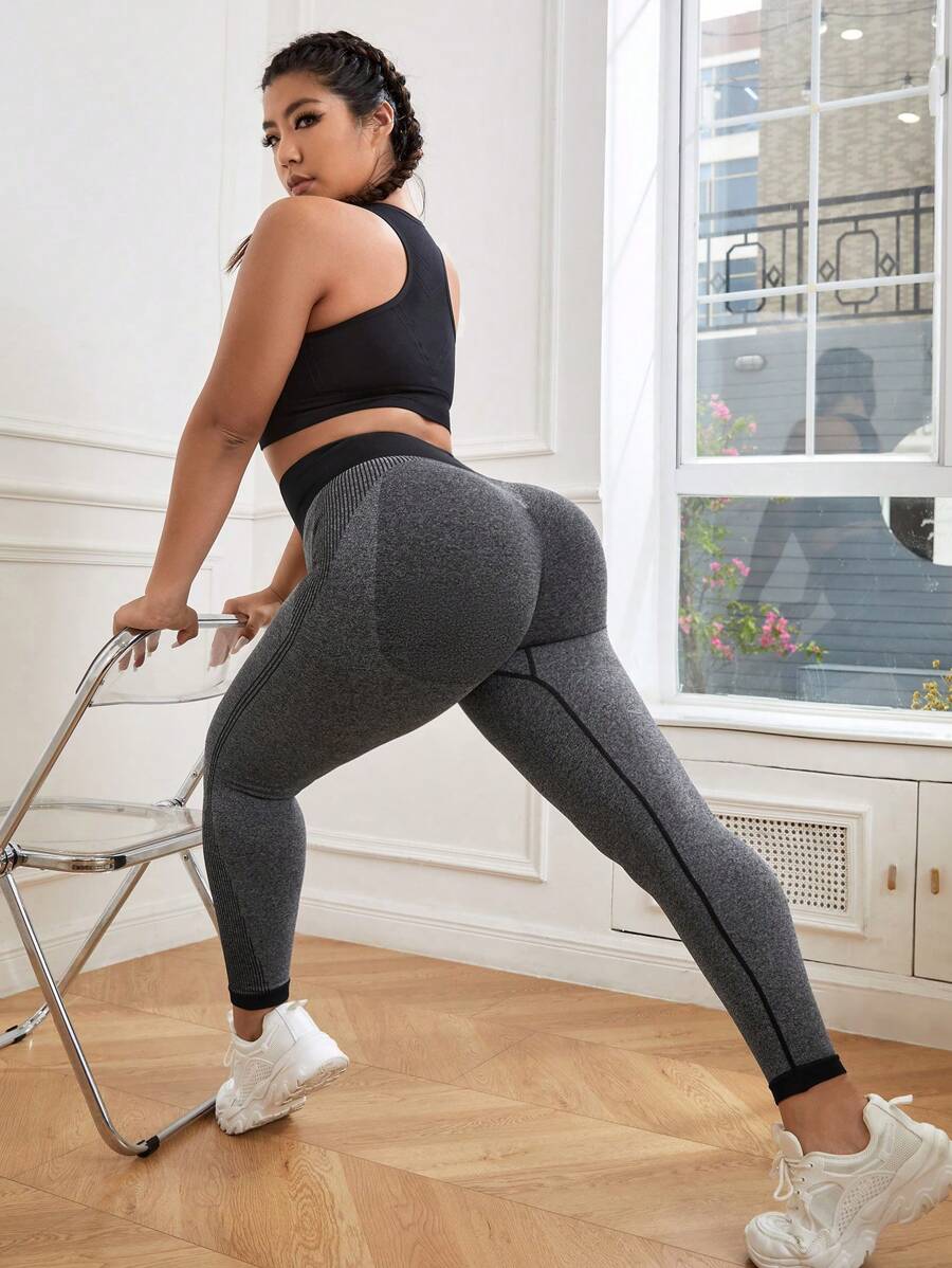 SHEIN Yoga Futuristic 大碼無縫高彈力運動型文胸和寬腰帶緊身打底褲 - 彩色 - 查看 1