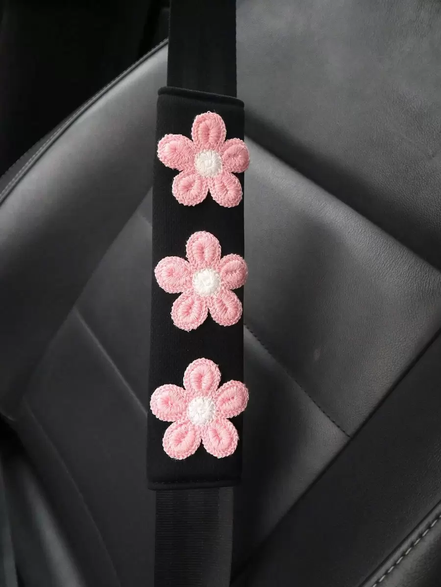 2pcs Flower Decor Fabric Car Seat Belt Cover