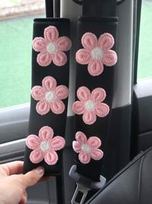 2pcs Flower Decor Fabric Car Seat Belt Cover