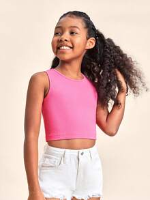 SHEIN Girls Solid Ribbed Knit Tank Top - Pink - View 4
