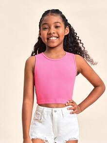 SHEIN Girls Solid Ribbed Knit Tank Top - Pink - View 6