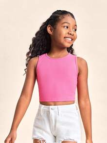 SHEIN Girls Solid Ribbed Knit Tank Top - Pink - View 7