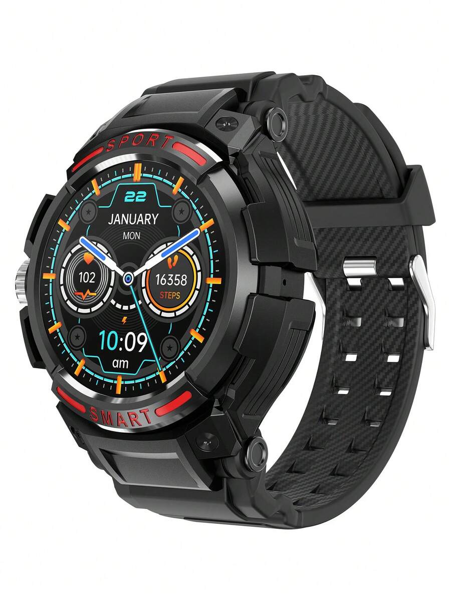 1pc Black Silicone Sporty Date Chronograph Heart Rate Monitoring Water Resistant Round Dial Smart Watch, Compatible With Androids iPhone - Black - View 1