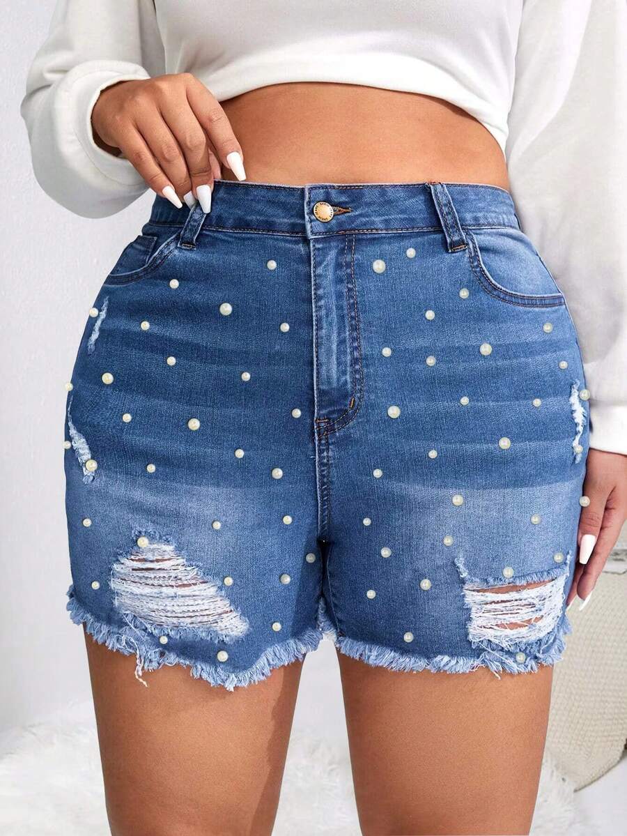 Quần short denim oversized Ngọc trai Hem thô Bị tách màu trơn - Rửa trung bình - Xem 1