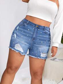 Quần short denim oversized Ngọc trai Hem thô Bị tách màu trơn - Rửa trung bình - Xem 3