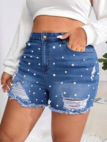 Quần short denim oversized Ngọc trai Hem thô Bị tách màu trơn - Rửa trung bình - Xem 4