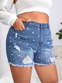 Quần short denim oversized Ngọc trai Hem thô Bị tách màu trơn - Rửa trung bình - Xem 5