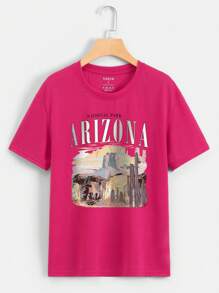 SHEIN EZwear Cactus And Letter Graphic Tee - Hot Pink - View 1