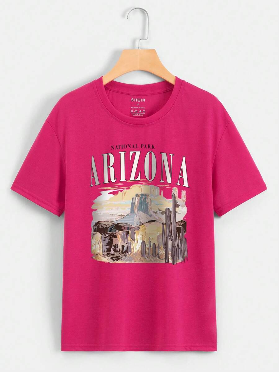 SHEIN EZwear Cactus And Letter Graphic Tee - Hot Pink - View 1