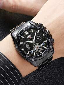 VA VA VOOM 1pc Black Stainless Steel Strap Fashionable Glow In The Dark Round Dial Quartz Watch, For Daily Life - Black - View 9