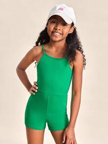 SHEIN Girls Solid Cami Romper - Green - View 1