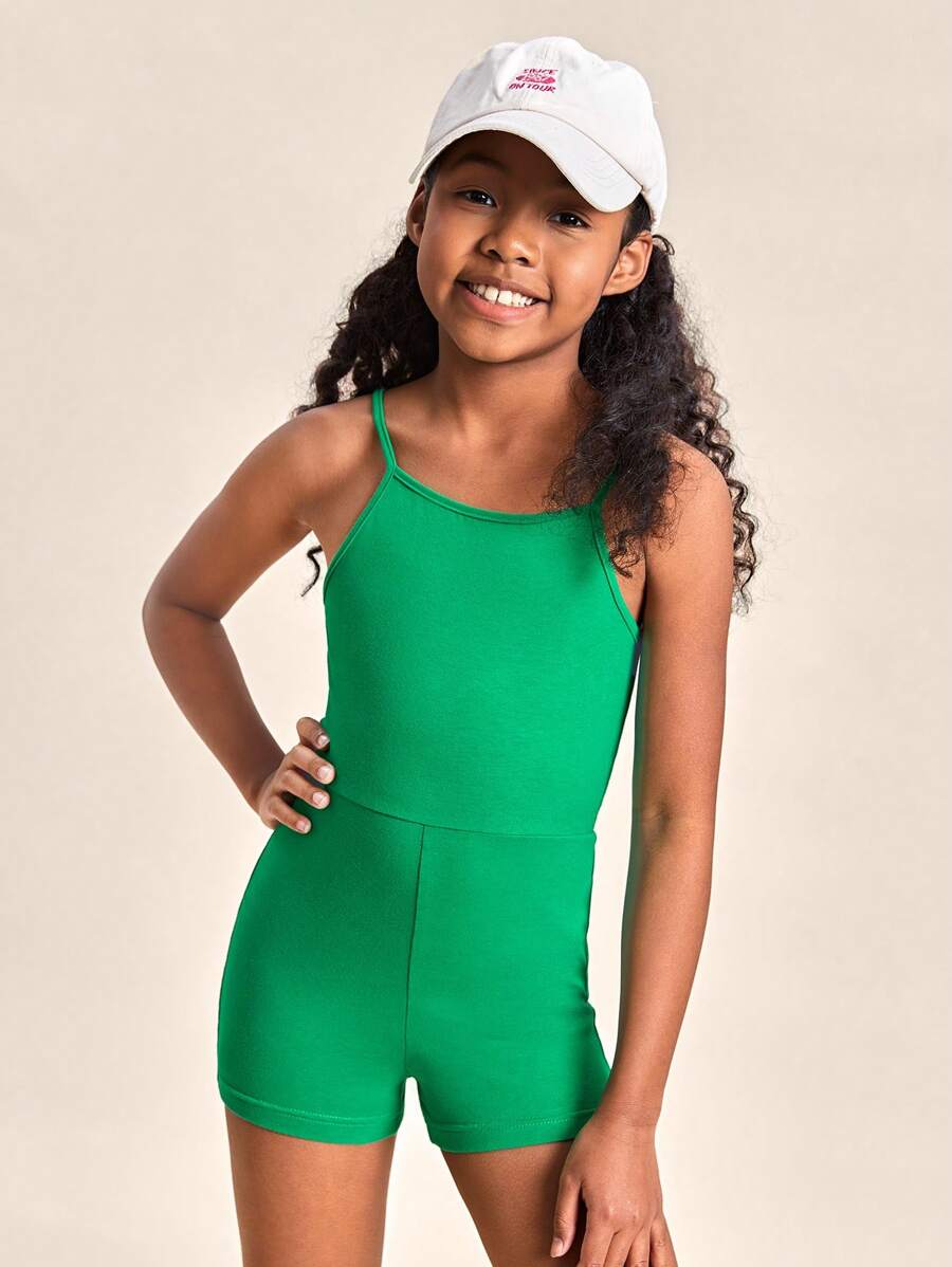 SHEIN Girls Solid Cami Romper - Green - View 1