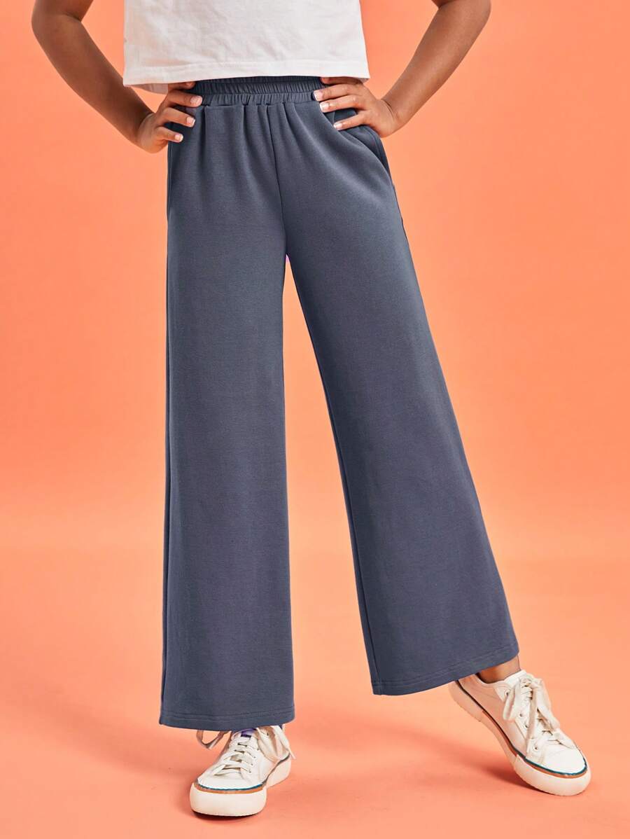 SHEIN Girls Solid Wide Leg Trousers - Dark Grey - View 1