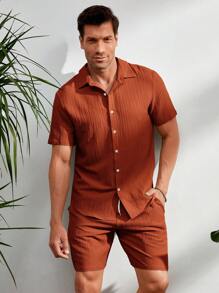 Manfinity RelaxMax 男士素色前排扣襯衫和短褲 - 鏽棕色 - 查看 1
