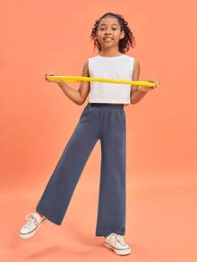 SHEIN Girls Solid Wide Leg Trousers - Dark Grey - View 4