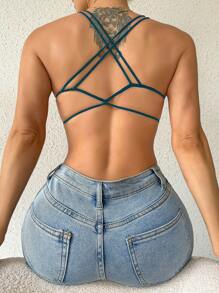 Criss Cross Backless Bralet - Dark Green - View 1