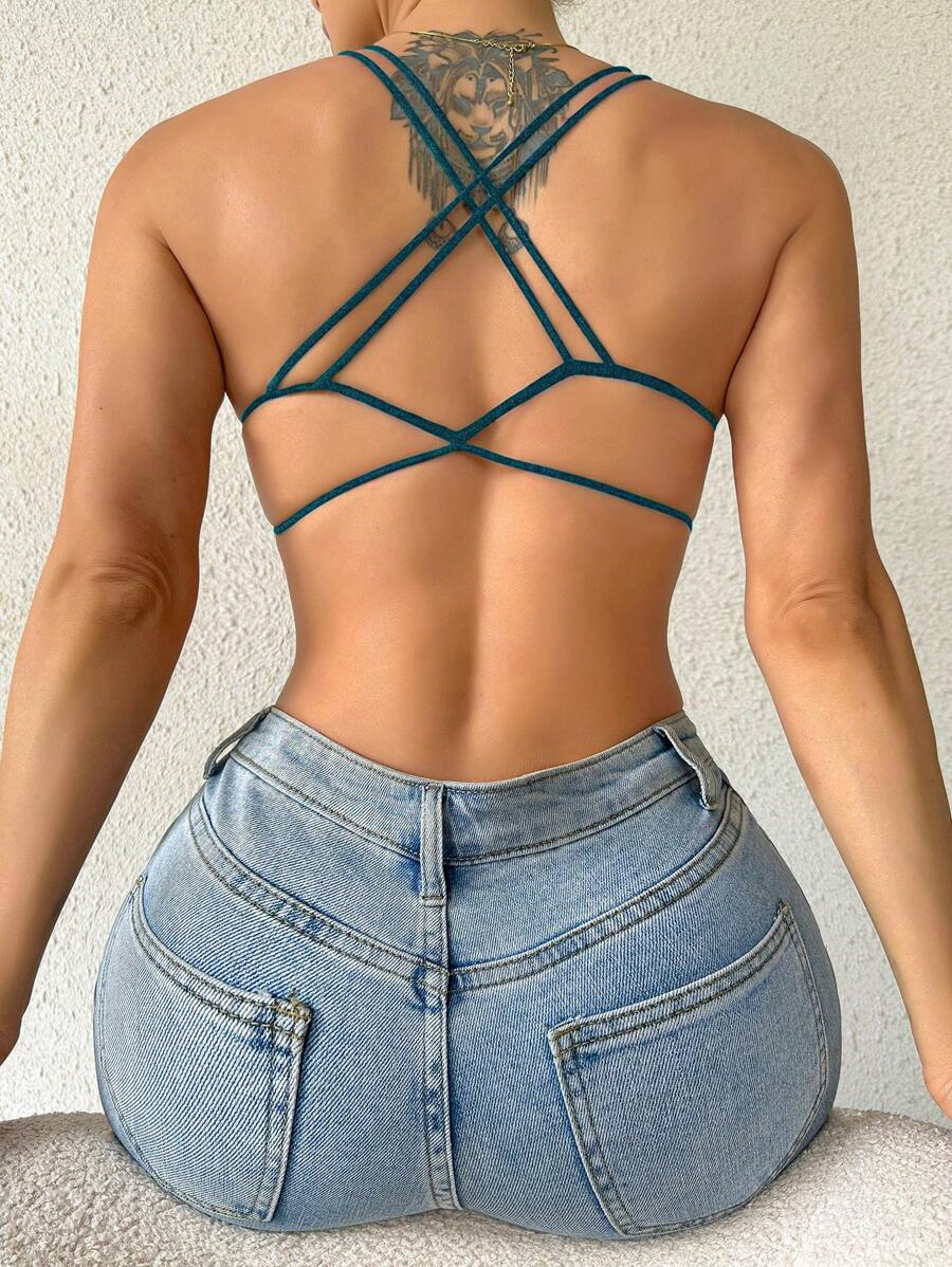 Criss Cross Backless Bralet - Dark Green - View 1