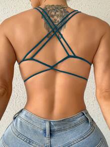 Criss Cross Backless Bralet - Dark Green - View 2