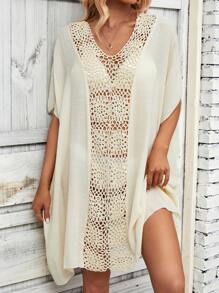 Breezaya 拼接鉤織蝙蝠袖罩衫連衣裙 - 杏色 - 查看 3