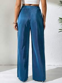 SHEIN VCAY Tie Waist Wide Leg Pants - Navy Blue - View 2