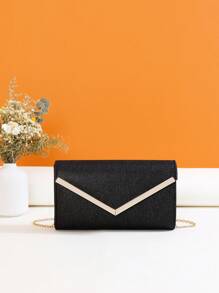 Small Envelope Bag Glitter Metal Decor Chain Strap, Perfect Bride Purse For Wedding, Prom & Party Events - Black - View 1