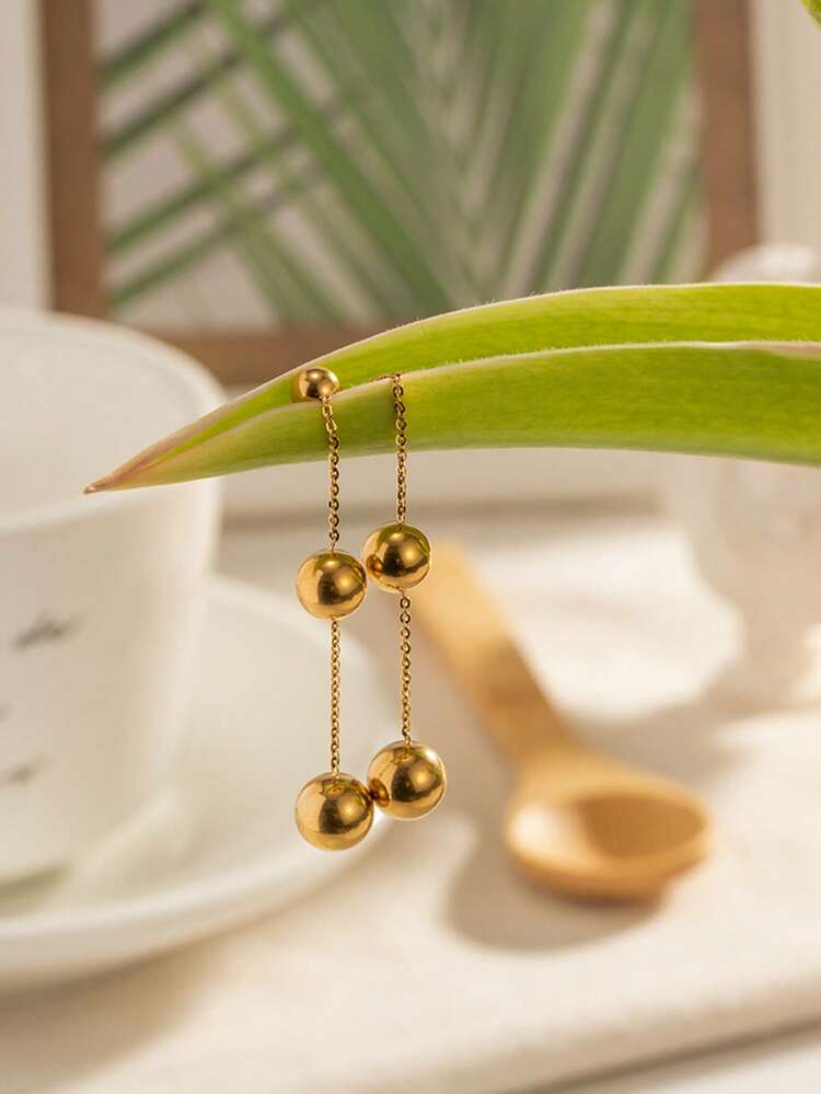 1pair Beads Pendant Earring Classic Minimalist Elegant Earrings Women Anniversary, Stainless Steel Jewelry