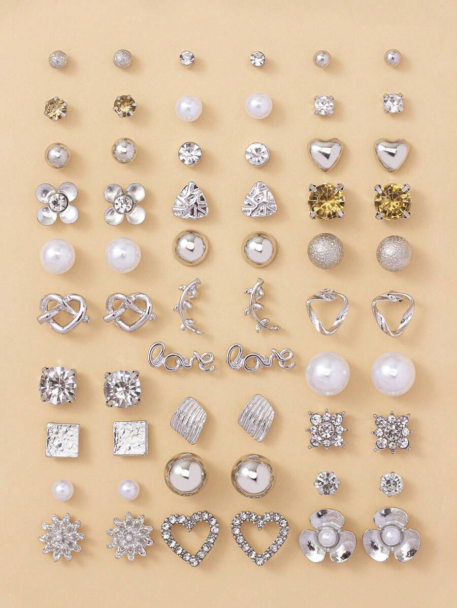 30 对/套 迷人锌合金水钻和花朵装饰耳钉 女士日常装饰 情人节 - 銀色 - 查看 1